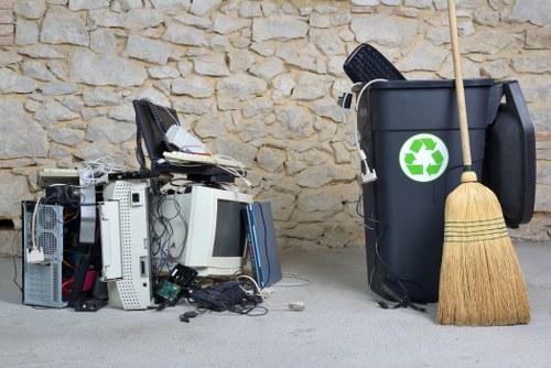 Various types of business waste ready for recycling and disposal.