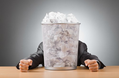 The image shows a close-up of a metallic mesh waste bin filled to the brim with crumpled white paper, placed on a wooden surface. The waste bin is cylindrical and appears to be made of brushed stainless steel, with a textured surface. The paper inside is loosely packed, with some pieces slightly overflowing at the top. The background is a plain light grey, suggesting an indoor setting. In front of the bin, there are two small hands (likely miniature or animated), positioned with palms facing down on the table, emphasizing a playful or illustrative context. The wooden table has a smooth, light finish, contrasting gently with the metallic bin. The focus is on the waste bin and its contents, with a straightforward composition. This image could relate to office or domestic rubbish collection, aligning with professional waste management services such as those offered by Business Waste Removal Enfield, serving the local postcode area in Enfield.